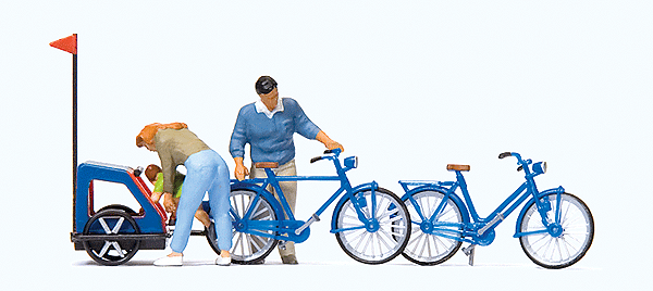 Family Getting Ready for Bicycle Ride -- Mother, Father, Toddler, 2 Bikes & Baby Trailer