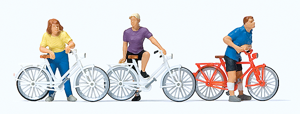 Cyclists Waiting At Crossing -- 3 Figures, 3 Bikes