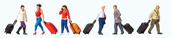 Walking Travelers w/Rolling Suitcases -- 3 Men, 3 Women, 6 Suitcases