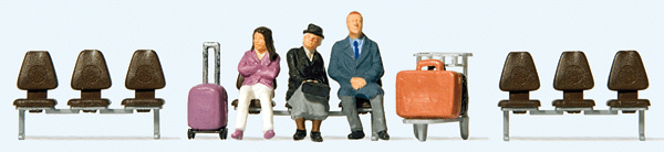 Waiting Travelers #2 -- 3 Figures, Luggage Cart, 3 Seat Rows