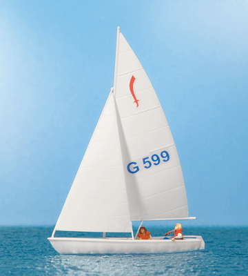 Korsar Sailboat w/2 Sailors -- Sails Up (white, red, blue)