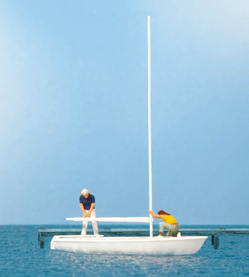 Korsar Sailboat w/Sailors Unrigging the Sails -- Sails Down (white, yellow)