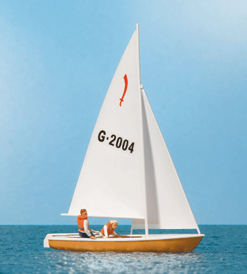 Korsar Sailboat w/Sailors -- Sails Up (white, red, blue)