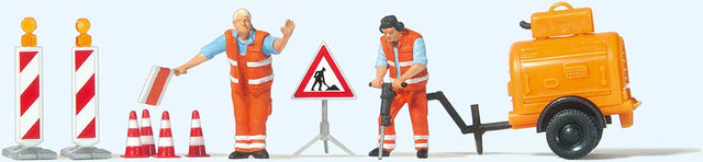 Road Construction Workers with Accessories -- 2 Figures, Compressor Trailer and Signs