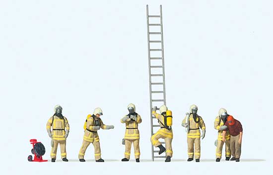 Modern Firefighters with Breathing Apparatus -- 6 Figures in Beige Uniforms, 1 Rescued Man, Accessories