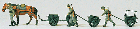 Military - Former German Army WWII - Unpainted Figures -- Horse- & Hand-Drawn Infantry Carts w/3 Soldiers