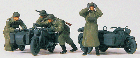 Former German Army WWII Motorcycle Troops (Plastic Kit) -- 2 Zundapp KS 750 Cycles Sidecars; 3 Figures Pushing & 1 Standing w/Binoculars