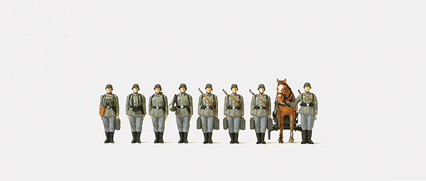 Former German Army WWII - Unpainted Figures -- Infantry Riflemen w/Mortar & Horse, Lined Up pkg(9)