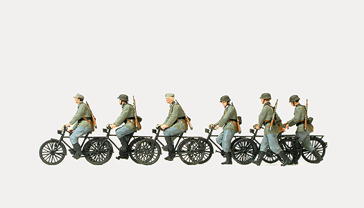 Former German Army WWII - Unpainted Figures -- Bicycle Unit Cycling & Walking, 6 Figures & 6 Bicycles
