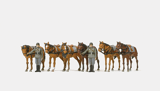 Former German Army WWII - Unpainted Figures -- Soldiers Holding Standing Draft Horses, 2 Figures & 6 Horses
