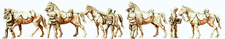 Former German Army WWII Unpainted Figures -- Standing Cavalrymen w/Horses 1939-45 (5 Men, 5 Horses)