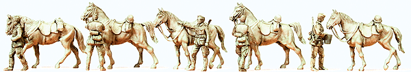 Former German Army WWII Unpainted Figures -- Standing Cavalrymen w/Horses 1939-45 (5 Men, 5 Horses)