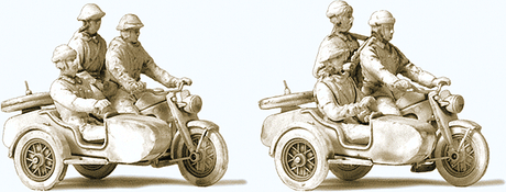East German Motorcycle Crew Unpainted Figure Set - Kit -- 6 Uniformed Soldiers, 2 Zundapp KS 750 Motorcycles w/Sidecars