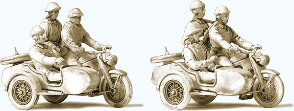 East German Motorcycle Crew Unpainted Figure Set - Kit -- 6 Uniformed Soldiers, 2 Zundapp KS 750 Motorcycles w/Sidecars
