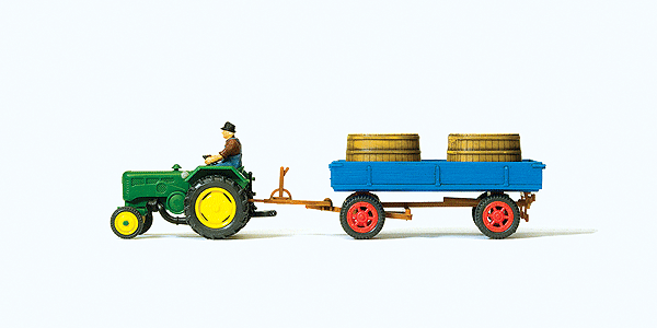Lanz D 2416 Farm Tractor -- With Grape Tub Trailer (green Tractor, blue trailer)