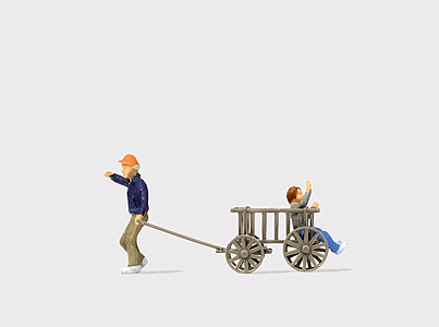 Man Pulling a Child in a Wooden Cart