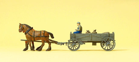 Horse-Drawn Vehicle -- Box Wagon, Farmer, 2 Horses & Load