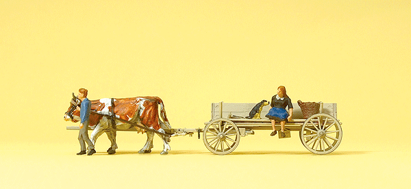 Horse-Drawn Vehicle -- Farm Wagon, 2 Farmers, 2 Cows, Dog