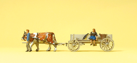 Horse-Drawn Vehicle -- Farm Wagon, 2 Farmers, 2 Cows, Dog
