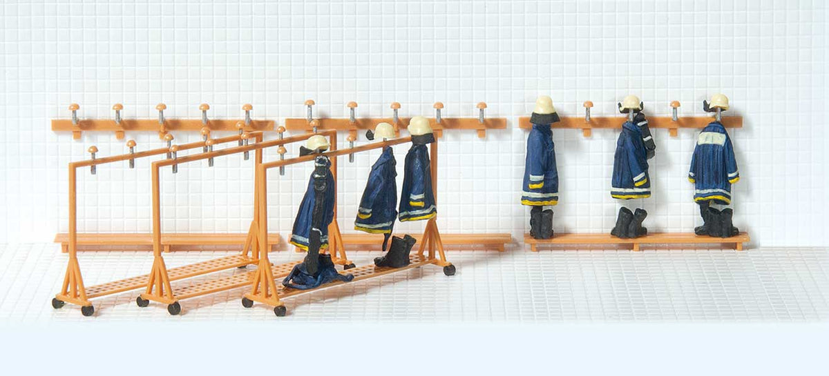 Hanging Fire House Uniforms -- 3 Rolling Carts and 3 Wall Racks