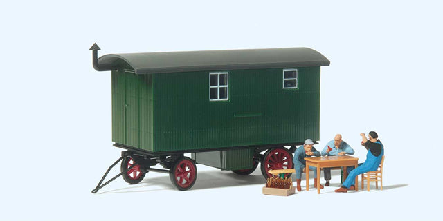Wood Construction Wagon with 3 Workers on Break at Table - Assembled -- Green Trailer-1