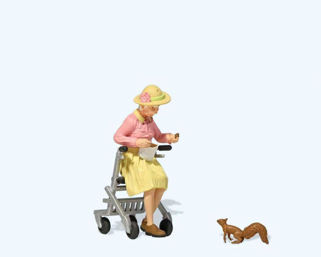 Elderly Woman with Rolling Walker and Squirrel