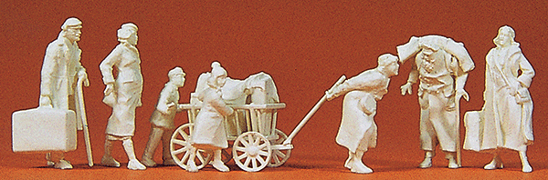 Military - Civilians WWII - Unpainted Figures -- Walking Refugees w/Luggage pkg(7)