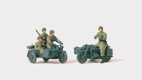 Former German Army WWII Motorcycle Troops Unpainted -- Two Zundapp KS 750 Cycles w/Sidecars & 5 Riding Figures