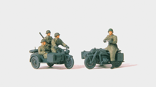 Former German Army WWII Motorcycle Troops Unpainted -- Two Zundapp KS 750 Cycles w/Sidecars & 5 Riding Figures
