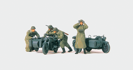 Former German Army WWII Motorcycle Troops Unpainted -- 2 Zundapp KS 750 Cycles w/Sidecars, 3 Figures Pushing & 1 Standing w/Binocul-1