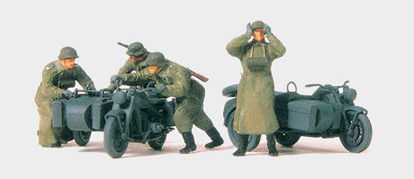 Former German Army WWII Motorcycle Troops Unpainted -- 2 Zundapp KS 750 Cycles w/Sidecars, 3 Figures Pushing & 1 Standing w/Binocul-2