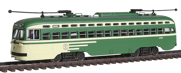 San Francisco F Line PCC Streetcar w/2 Poles w/Tsunami Sound & DCC -- San Francisco Muni #1050 (1950s Scheme, green, cream; Original Wing Style)