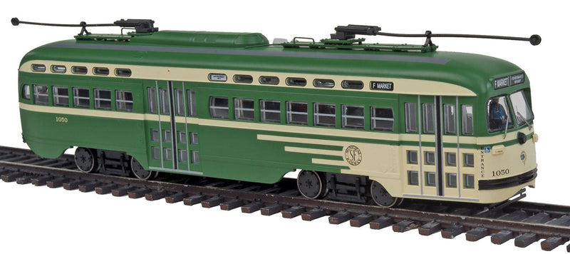 San Francisco F Line PCC Streetcar, 2 Poles w/LokSound & DCC - Executive Lin -- San Francisco Muni #1050 (F Market Fisherman's Wharf, green, cream)