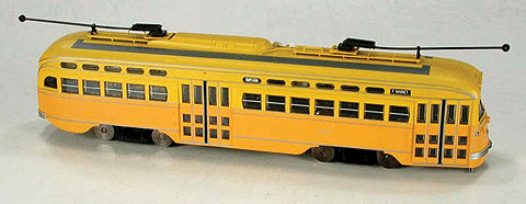 San Francisco F Line PCC Streetcar Powered -- Los Angeles Railway #1052 (two-tone yellow w/silver stripes)