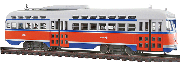 Executive Line Post-War PCC Streetcar - Standard DC -- SEPTA (Philadelphia) #2111 ("Gulf Oil" Scheme, orange, blue, white)