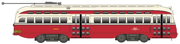 Executive Line Post-War PCC Street Car - Standard DC -- TTC Toronto Transit Commission #4678 w/Full-Length Roof Fan (Red, cream)