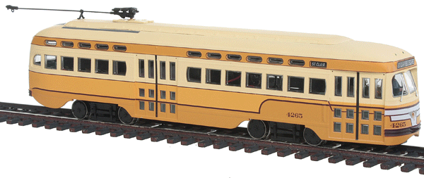Executive Line Post-War PCC Street Car - Sound & DCC Equipped -- Cleveland, Ohio #4265 w/Full-Length Roof Fan (cream, tan)