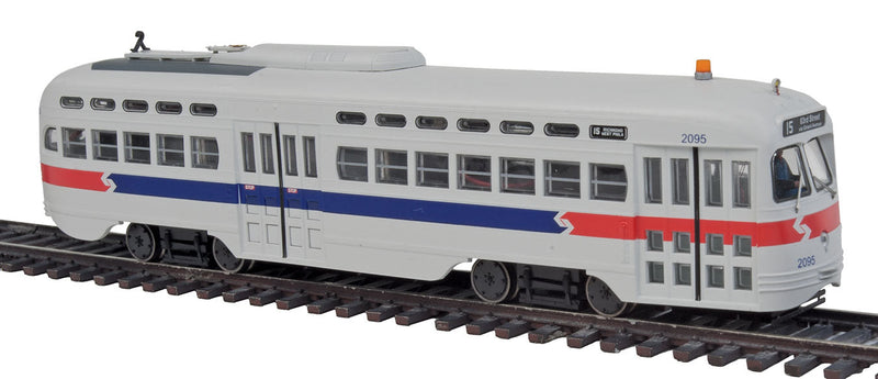 Post-War PCC Street Car w/LokSound & DCC - Executive Line -- SEPTA #2095 (Phase II; Rt 15: 63rd St - Girard Av; white, red, blue)