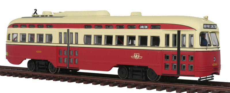 Post-War PCC Street Car w/LokSound & DCC - Executive Line -- Toronto Transportation Commission #4399 (red, cream; High Park - Carlton)