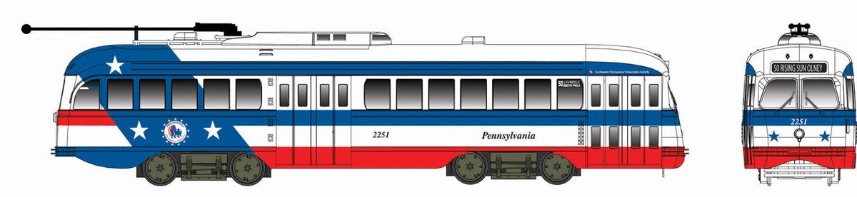 Kansas City-Style Post-War PCC Streetcar w/LokSound & DCC - Executive Line -- Bicentennial Scheme - Pennsylvania #2288 (white, blue, red, 50 Rising Sun-Ol