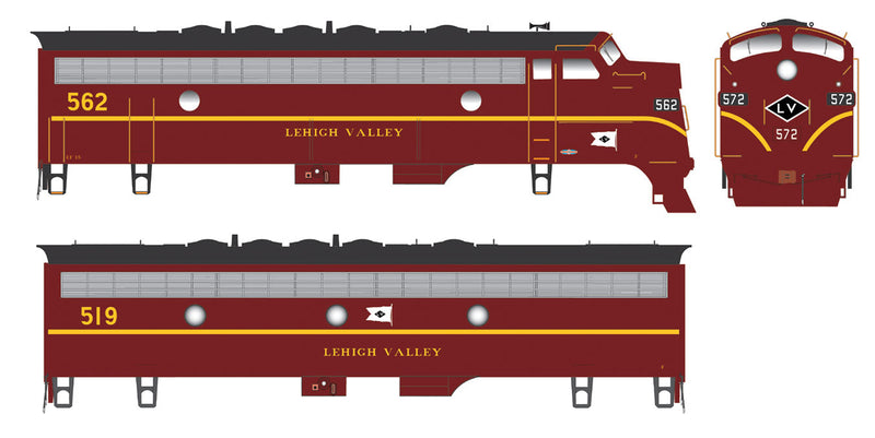 EMD F7 A-B Set w/LokSound & DCC - Executive Line -- Lehigh Valley #572, 513 (Cornell Red, yellow, black, Diamond Nose Logo)