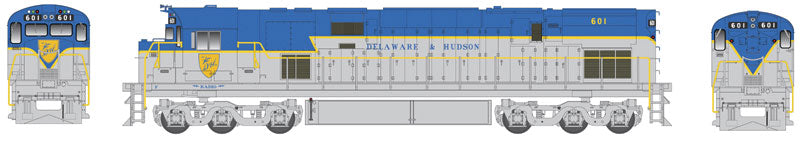 Alco C628 - Standard DC - Executive Line -- Delaware & Hudson #608 (Lightning Stripe, gray, blue, yellow, Large Shield)