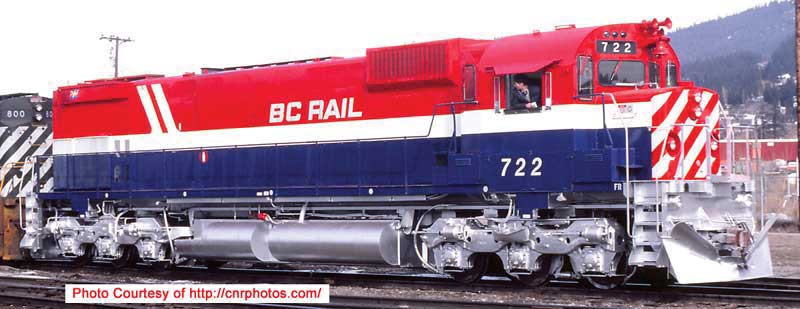 Montreal Locomotive Works M630 - Standard DC - Executive Line -- BC Rail 722 (Hockey Stick, red, white, blue, Recessed Ditch Lights)