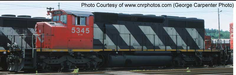 GMD SD40-2W - Standard DC -- Canadian National #5327 (Sergeant Stripes; black, white, red)