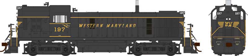Alco RS3 Hammerhead High Hood - Standard DC -- Western Maryland #197 (black, yellow, Speed Lettering)