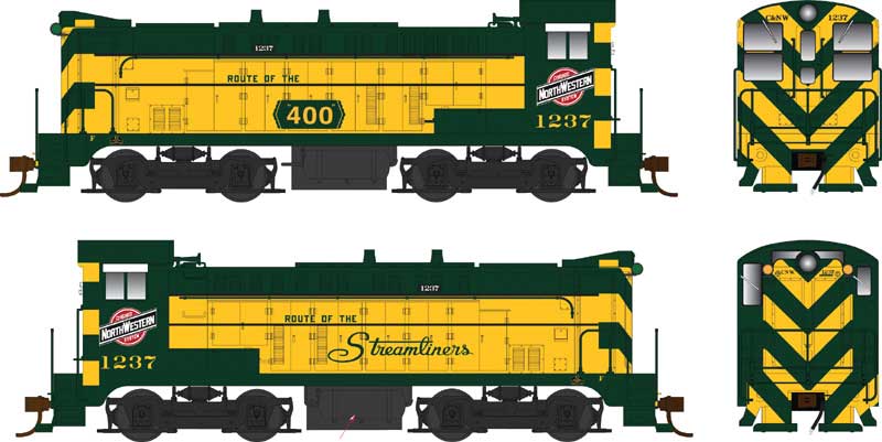 Baldwin VO660 - LokSound 5 and DCC -- Chicago & North Western #1238 (yellow, green, Streamliners/400 Slogans)