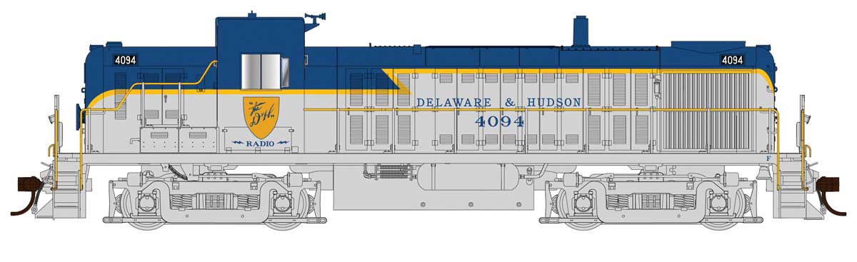 Alco RS3 Phase I - LokSound 5 and DCC -- Delaware & Hudson #4125 (Lightning Stripe, gray, blue, yellow)