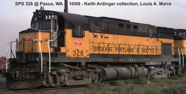Alco C425 Low Nose - Standard DC -- Spokane, Portland & Seattle #320 (yellow, Pullman Green, SP&S Ry. Logo)