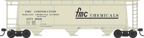 3-Bay Cylindrical Covered Hopper - Ready to Run - Executive Line -- FMC Chemicals 60546 (Blt. 7-62, beige, black, Large Logo)