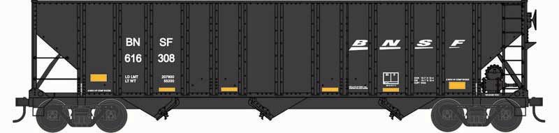 100-Ton 3-Bay Open Hopper with Coal Load - Ready to Run -- BNSF Railway #615966 (black, white, Wedge Logo, yellow conpicuity marks)